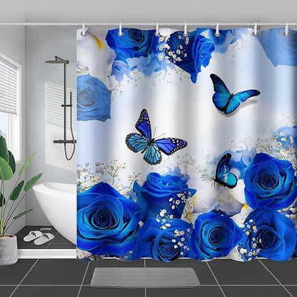 AILONEN Butterfly Shower Curtain for Girl Women,Blue Rose Shower Curtain Butterfly Floral Decor Bath Curtain 72" W*96" H Polyester Fabric Waterproof Bathroom Bathtub Curtain with 12 Hooks