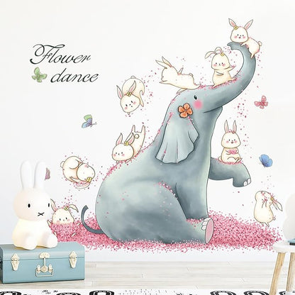 Cartoon Animals Wall Stickers Pink Elephant Rabbit Wall Decals Peel and Stick Wall Art Decals for Kids Bedroom Baby Nursery Door Decor