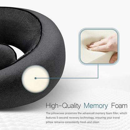 PORTHOLIC 2024 Upgraded Travel Neck Pillow with Buckle,100% Pure Memory Foam Travel Neck Pillow for Airplane Travel Flight Headrest Sleep, Portable Plane Accessories (Black)