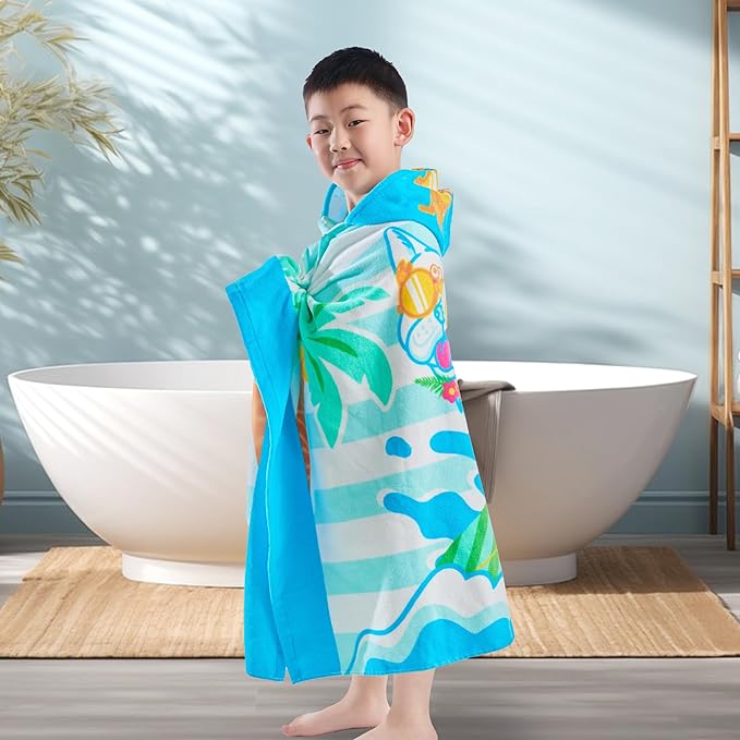 VOOVA & MOVAS Hooded Towels for Kids 3-10Years, Soft | Thick | 100% Cotton | Absorbent Towel Wrap, Perfect for Kids Beach, Pool, Bath, Swimming, Stripe Dog