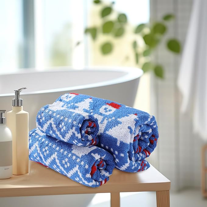 Luxury Blue Christmas Snowman Bath Towel Sets for Boy Girl Gift , 1 Bath Towels 1 Hand Towels 1 Washcloths 100% Cotton Ultra Soft Fluffy Highly Absorbent Double Sided Pattern Towel for Face Body