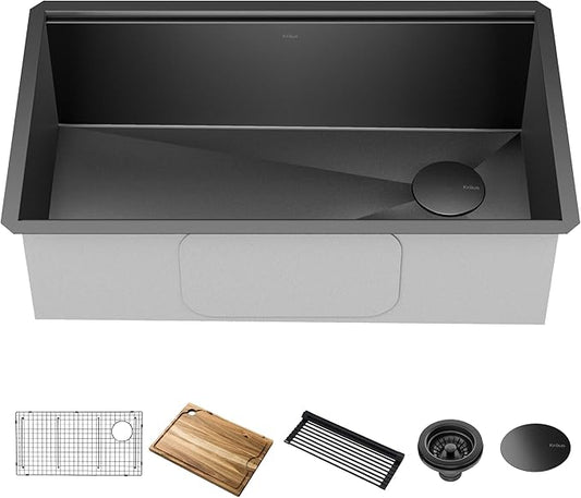 KRAUS Kore Workstation 32-inch Undermount 16 Gauge Stainless Steel Single Bowl Kitchen Sink in Gunmetal Black PVD Finish with Accessories, KWU110-32/PGM