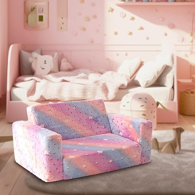 Kids Sofa, Glow in The Dark Toddler Chairs Children's Extra Wide Convertible Sofa to Lounger - Extra Soft 2 Seats 2 in 1 Flip Open Chair & Sleeper, Toddler Couch, Kids Sofa Bed