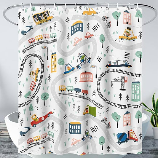 AILONEN Construction Truck Shower Curtain, Kids Cartoon Train Vehicle Tractor Cars Bath Curtain for Boys,White Road Map Bathroom Decor Waterproof Fabric 72" W*78" H Inch with 12 Plastic Hooks