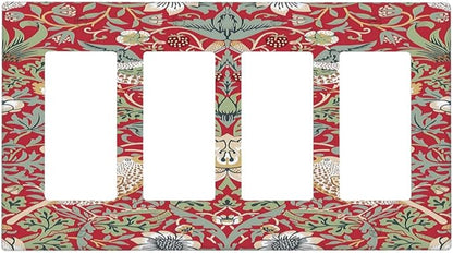 William Morris Strawberry Thief Botanical Red Green 4 Gang Rocker Decora Light Switch Cover Outlet Covers Wall Plate Decorative Switchplate Electrical Faceplate GFCI for Country Bedroom Decor