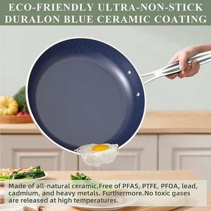 Nuwave 7pc Cookware Set Healthy Duralon Blue Ceramic Nonstick Coated, Diamond Infused Scratch-Resistant, PFAS Free, Oven Safe, Induction Ready & Evenly Heats, Tempered Glass Lids & Stay-Cool Handle