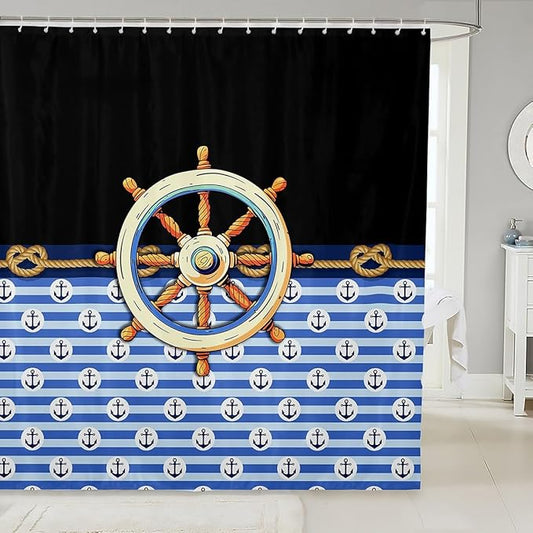 Feelyou Anchor Decor Shower Curtain 72"x78" Kids Nautical Bathroom Shower Curtain Set for Boys Girls Teens Black Blue Bath Curtain Marine Theme Compass Print Bathroom Accessories