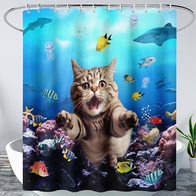 AILONEN 3D Swimming Cat Shower Curtain Set,Coral Bath Curtain for Kids Girls Boys,Sea Animals Ocean Theme Shower Curtain,Cat Lovers Animal Shower Curtains for Bathroom Decor, 72" W*84" H