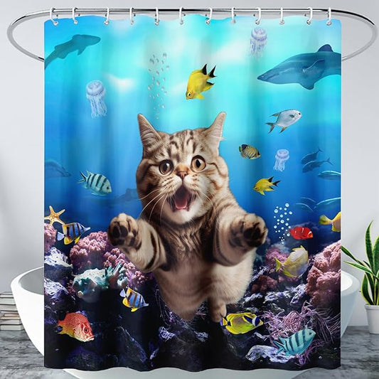 AILONEN 3D Swimming Cat Shower Curtain Set,Coral Bath Curtain for Kids Girls Boys,Sea Animals Ocean Theme Shower Curtain,Cat Lovers Animal Shower Curtains for Bathroom Decor, 72" W*78" H