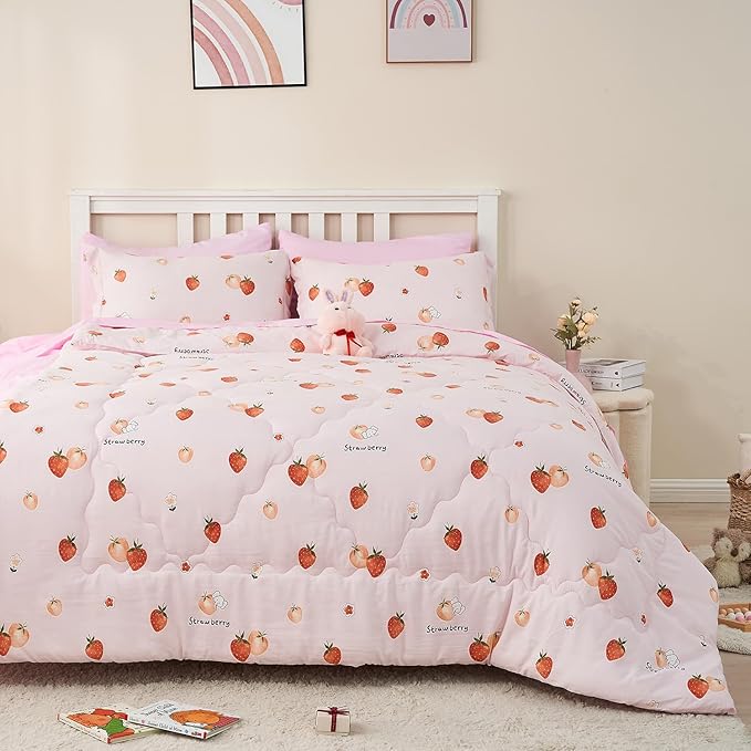 Wajade Girls Strawberry Comforter Set Bed in A Bag Full Size 7 Piece Pink 3D Cute Strawberry Fruit Bedding Set for Kids (1 Comforter, 1 Flat Sheet, 1 Fitted Sheet, 2 Pillowcase and 2 Pillow Sham)
