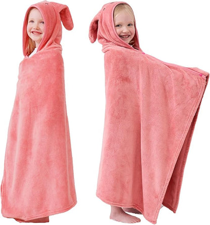 Hiturbo Kids Animal Hooded Towel: Soft Plush Fleece Blanket - 50"x30" Swim Cover Up - Pool Beach Bath Towel Wrap for 3-12 Yrs (Pink Rabbit)