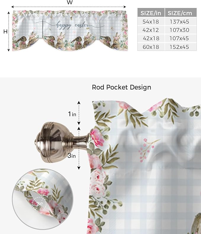 Rabbits Flowers Easter Blackout Tie Up Valance Curtains for Kitchen Windows Eucalyptus Leaf Spring Summer Window Toppers Balloon Shades for Living Room/Bathroom/Bedroom,1 Panel, 54" X 18,Buffalo Plaid