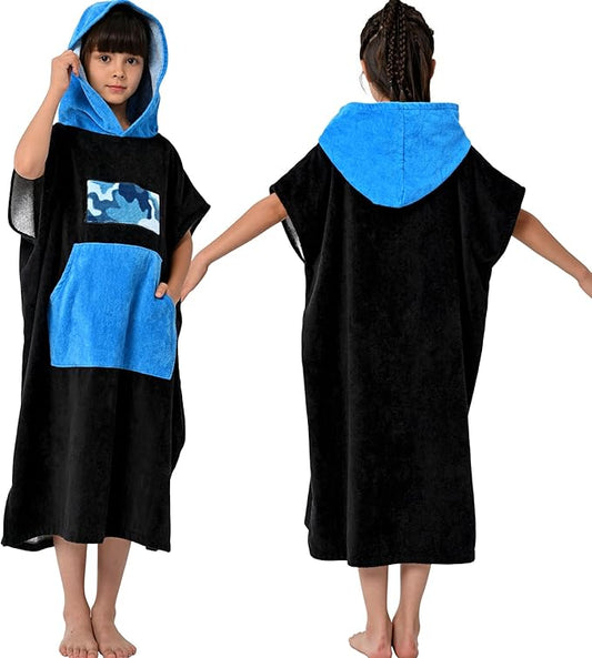 VOOVA & MOVAS Black Changing Robe for Teens,8-14Years，Thick 100% Cotton, Absorbent Hooded Towels for Girls｜Boys,Surf Poncho for Pool, Beach, Bath,Swim