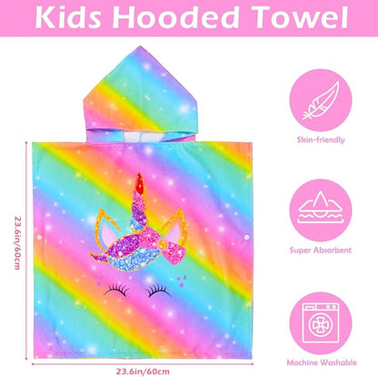 Bath Beach Pool Towel with Hood for Kids Girls, Hooded Towels Swim Poncho Towel Cover-ups for 3-8 Years with Drawstring Bag, Super Absorbent, 24 in x24 in (Rainbow Unicorn)
