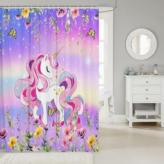 Feelyou Unicorn Bath Curtain Cute Unicorn Shower Curtain Cartoon Unicorn Bathroom Shower Curtain Set for Kids Boys Girls Girl Unicorn Kids Bathroom Accessories 72"x72"