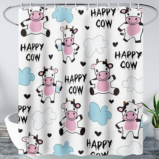 AILONEN Cute Cow Shower Curtain for Bathroom, Kids Children Cow Print Bathroom Curtain,Happy Cow Bath Curtain 48" W*72" H Polyester Waterproof Bathroom Curtain with 12 Hooks
