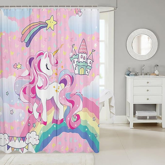 Feelyou Unicorn Shower Curtain Cute Unicorn Bath Curtain Cartoon Unicorn Bathroom Shower Curtain Set for Kids Toddler Boys Girls Girl Unicorn Kids Bathroom Accessories 72"x72"