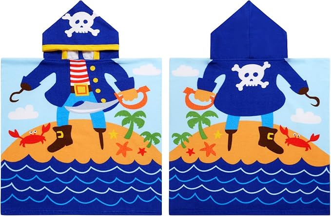 Kids Pirate Hooded Beach Towel Boys Cute Poncho Pool Towels with Hood 24*47" Cool Soft Microfiber Swim Cover-ups for Kids Ages 3-10 Thick Absorbent Cotton Hooded Bath Towels Wrap Bathrobe
