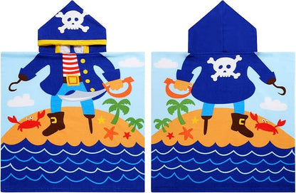 Kids Pirate Hooded Beach Towel Boys Cute Poncho Pool Towels with Hood 24*47" Cool Soft Microfiber Swim Cover-ups for Kids Ages 3-10 Thick Absorbent Cotton Hooded Bath Towels Wrap Bathrobe