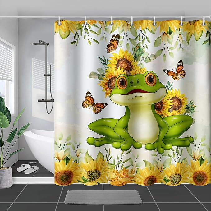 AILONEN Cartoon Frog Shower Curtain Yellow Sunflower Shower Curtain 72" W*84" H,Wildlife Frog Modern Botanical Floral 3D Printed Animal Bathroom Decor Shower Curtain with 12 Hooks
