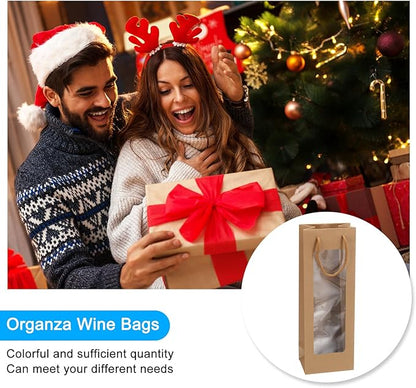 uxcell Wine Bags, 12pcs 4.92"x3.35"x14.2" Wine Gift Bags with Rope Handles, Paper Wine Tote Bag with Clear Window for Wedding Birthday Christmas Party Supplies, Wood
