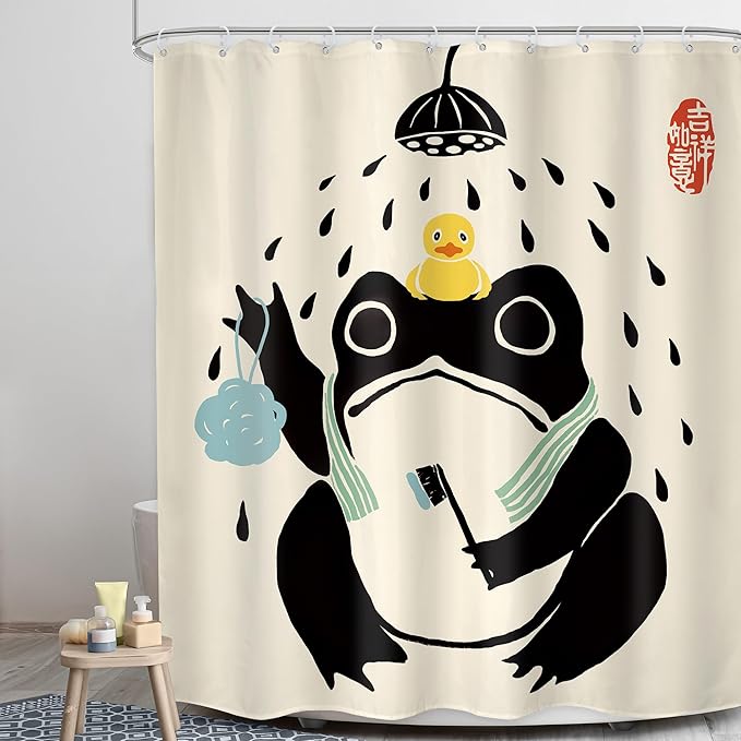 LGhtyro Funny Frog Shower Curtain Bathroom Set 60Wx71H Inches Cute Animal Bath Asian Style Traditional Japanese Art Rubber Duck Bath Accessories Retro Black Beige Art Home Decor Fabric 12 Pack Hooks