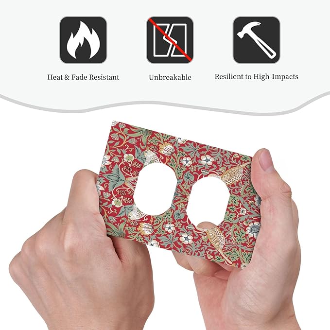 William Morris Strawberry Thief Botanical Red Green Single Duplex Wall Plate Covers Light Switch Cover 1 Gang Outlet Plate Decorative Switchplate Covers Electrical Faceplate for Country Bedroom Decor