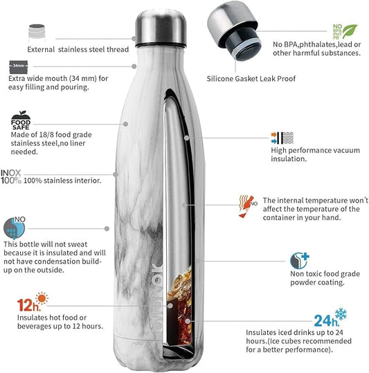 BJPKPK Stainless Steel Water Bottles -25oz/750ml -Insulated Water bottles,Sports water bottles Keep cold for 24 Hours and hot for 12 Hours,BPA Free water bottles,White Birch