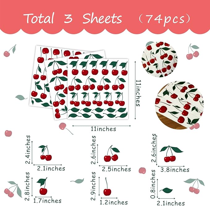 Cherry Wall Decal Fruit Wall Decals Peel and Stick Kitchen Wall Decals Cherries Green Leaf Wall Stickers Cherry Fruit Wall Stickers for Living Room Bedroom Nursery Decor