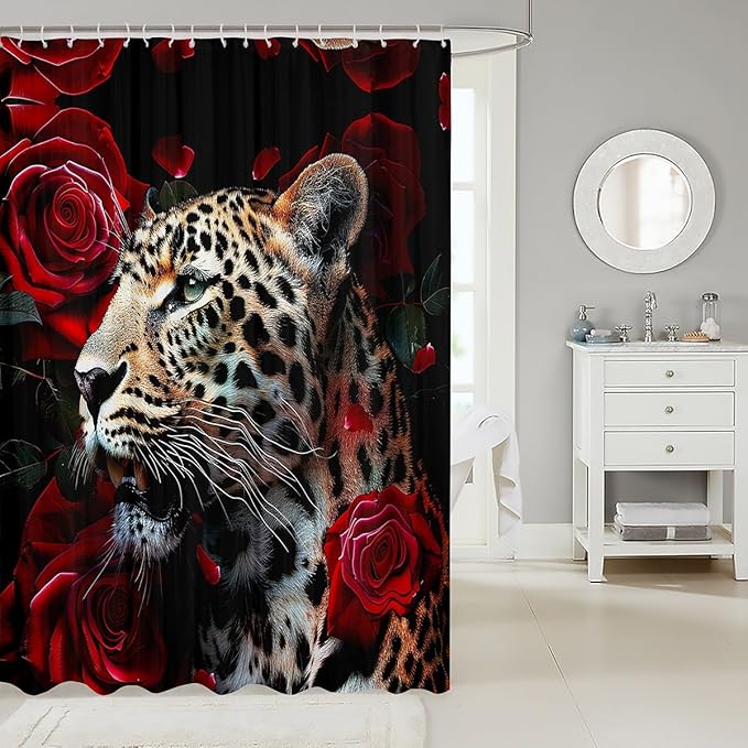 Feelyou Rose Leopard Bath Curtain Leopard Shower Curtain Boys Leopard Bathroom Shower Curtain Set Kids Toddler Frighting Leopard Kids Bathroom Accessories Wild Animal 72"x72"