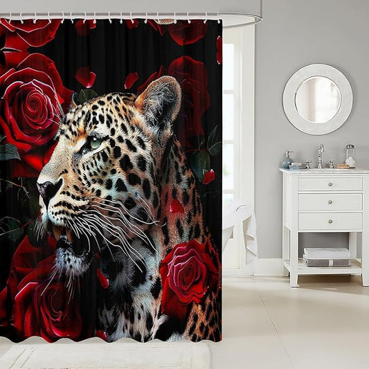 Feelyou Rose Leopard Bath Curtain Leopard Shower Curtain Boys Leopard Bathroom Shower Curtain Set Kids Toddler Frighting Leopard Kids Bathroom Accessories Wild Animal 72"x72"