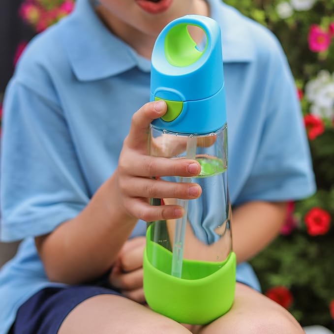 b.box 20oz Tritan Straw Bottle | Large, Modern Water Bottle with Flip Straw for Kids | Spill Proof, BPA Free (Blue Slate, 20 oz)