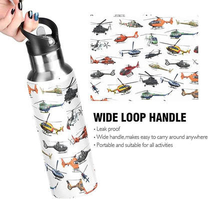Helicopter Stainless Steel Water Bottle with Straw Lid - 20 Oz Sports Insulated Water Bottle Thermos for Sport Gym Outdoor Travel School