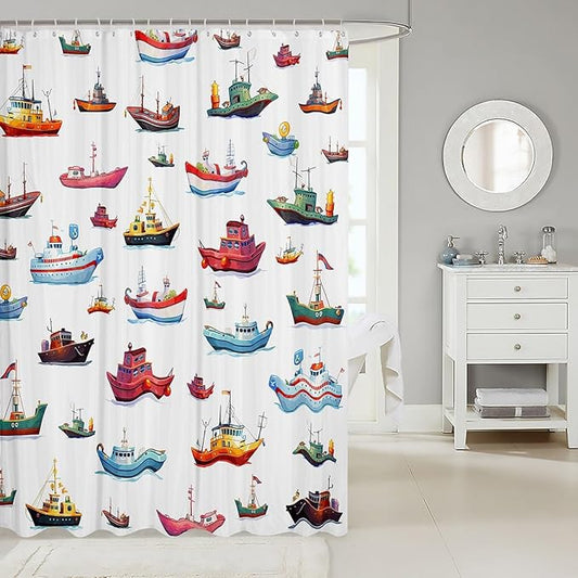 Feelyou Sailboat Shower Curtain 72"x78" Kids Nautical Decor Bathroom Shower Curtain Set for Boys Girls Teens Ocean Marine Themed Bath Curtain Sea Adventure Bathroom Accessories