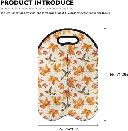 doginthehole 2 Bottle Wine Carrier Tote Fall Maple Leaves Hummingbirds Print Wine Bag 750ML Portable Neoprene Wine Bottle Travel Protector Champagne Bag with Handle for Picnic, Thanksgiving Party