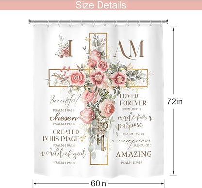 MESHELLY Pink Floral Shower Curtain 60Wx72H Christian Shower Curtain Rustic Farmhouse Bible Verse Cross Bathroom Curtain Motivational Quote Country Bath Curtain Fabric Bathroom Decor with 12 Hooks
