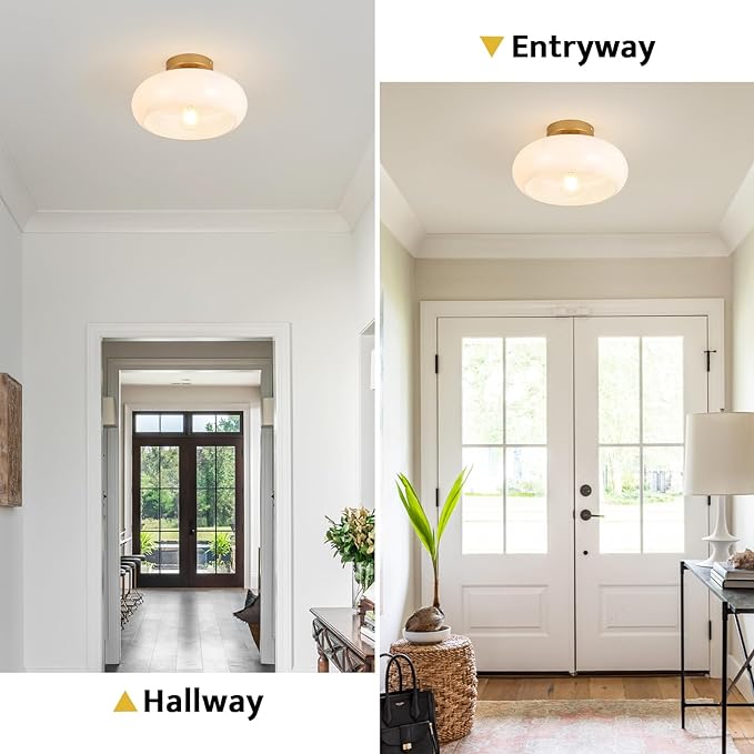 Mid-Century Modern Gold Semi Flush Mount Ceiling Light, Kitchen Ceiling Light Fixture with Glass Shade, Vintage White Close to Ceiling Lamp for Entryway Hallway Bathroom (11.0 Inch)