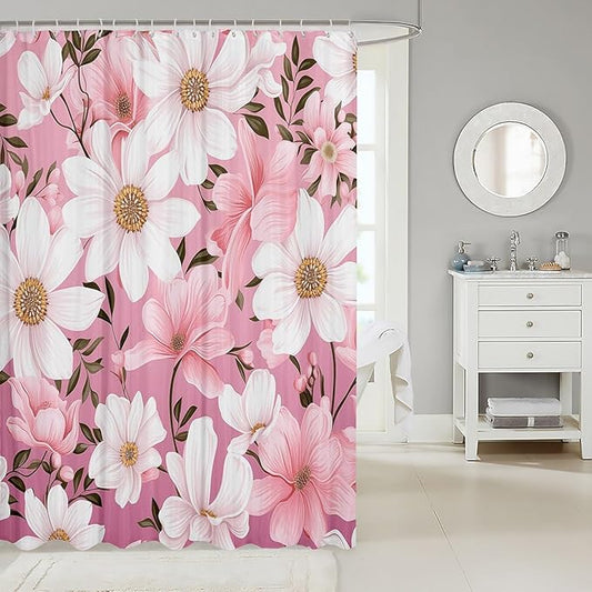 Feelyou Flower Fabric Shower Curtain for Kids Boys Girls Pink Floral Bathroom Waterproof Accessories with 12 Hooks Flower Botanical Shower Curtain Nature Plants Curtains,72x78 Inches
