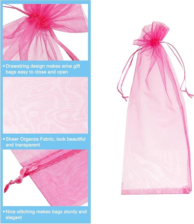 uxcell Organza Wine Bags, 12PCS 14.5 x 5.5 In Rose Red Sheer Mesh Organza Wine Wrapping Bags With Drawstring Wine Gift Pouches for Bottle Birthday, Wedding Party