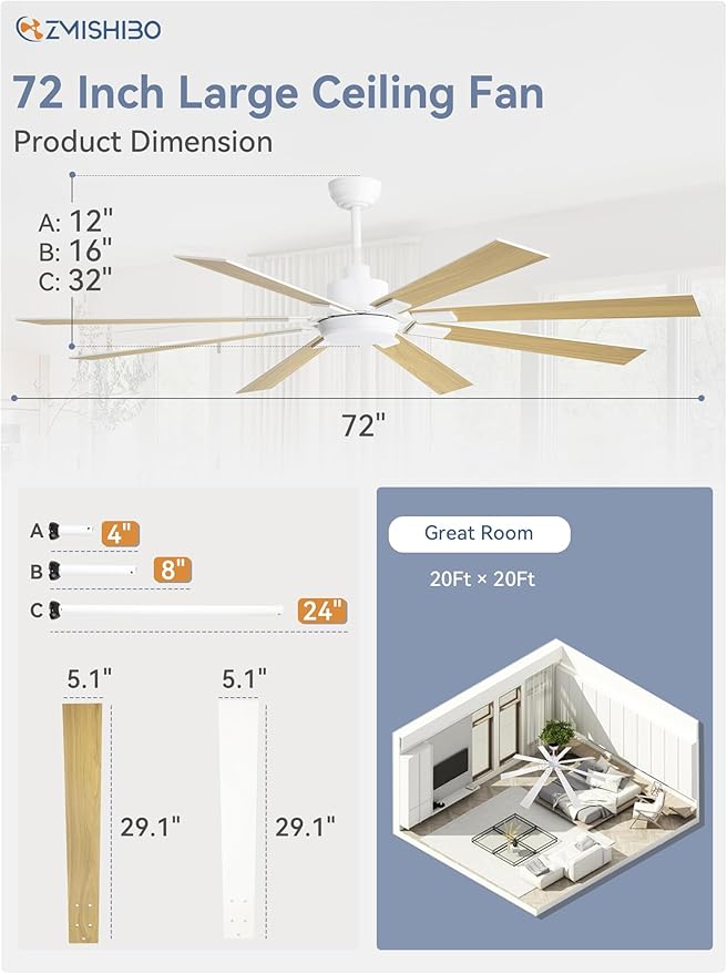72 inch White Ceiling Fans with Lights and Remote, Indoor/Outdoor Ceiling Fan for Patio Living Room, 6 Speed Reversible Quiet DC Motor, 3 CCT, Dual Finish Blades