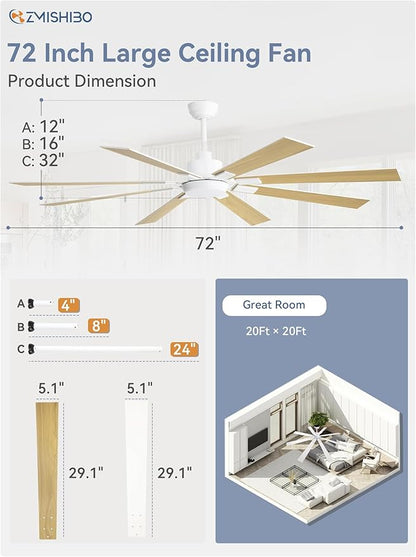 72 inch White Ceiling Fans with Lights and Remote, Indoor/Outdoor Ceiling Fan for Patio Living Room, 6 Speed Reversible Quiet DC Motor, 3 CCT, Dual Finish Blades