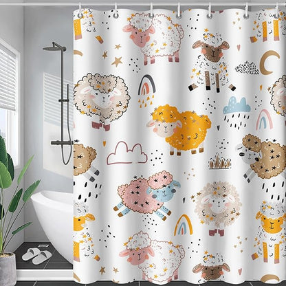 AILONEN Cute Sheep Kids Shower Curtain for Bathroom,Sheep Moon Clouds Kids Creative Rainbow Waterproof Bath Curtain,Modern Minimalist White Curtain with 12 Plastic Hooks(36" W*72" H)