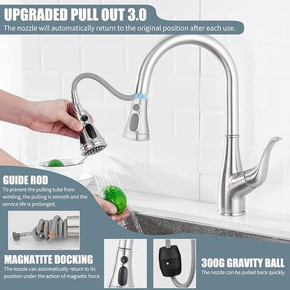 Kitchen Faucet with Soap Dispenser, Faucet for Kitchen Sink, Single Handle Stainless Steel Kitchen Sink Faucets with Pull Down Sprayer and Deck Plate, RV Sink Faucet, Nickel Brushed