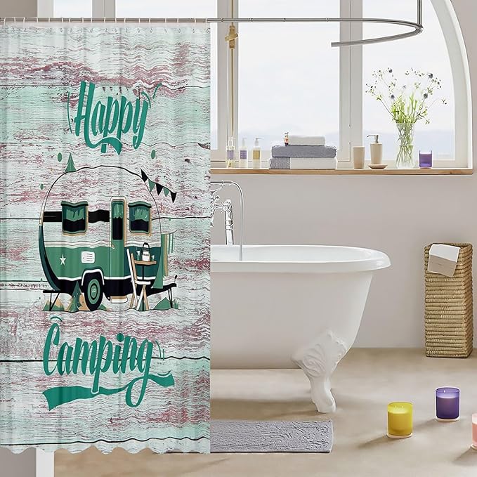 Feelyou Camper Shower Curtain Camping Bathroom Shower Curtain Set Happy Camping Bath Curtain for Kids Boys Girls Cartoon Camping Kids Bathroom Accessories 72"x84"