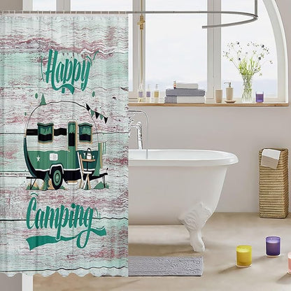 Feelyou Camper Shower Curtain Camping Bathroom Shower Curtain Set Happy Camping Bath Curtain for Kids Boys Girls Cartoon Camping Kids Bathroom Accessories 72"x72"