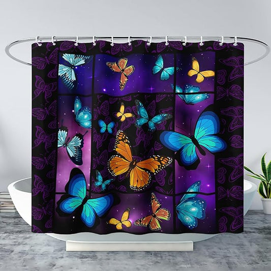 AILONEN Colorful Butterfly Shower Curtain,Animal Shower Curtain 36" W*72" H for Bathroom Decor,Mystic Purple Galaxy Butterfly Modern Shower Curtain Waterproof Bath Curtain with Grommets and 12 Hooks