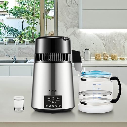 VEVOR Water Distiller, 304 Stainless Steel Countertop Water Stiller, 0.3Gal/H, 0-99H Timing Dual Temp Display, 1.1Gal Distilled Water Maker Machine, Glass Carafe, 3 Carbon Bags, Citric Acid Powder