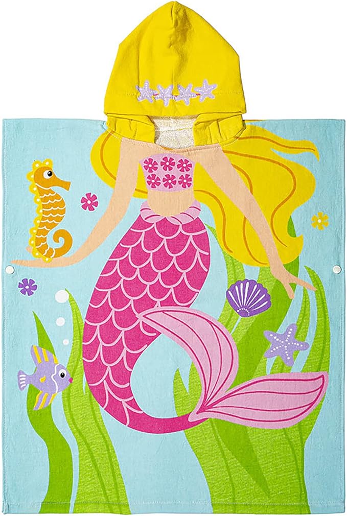 Kids Hooded Towel Bath Beach Soft Cotton Towels Girls Absorbent Pool Wrap with Hood Baby Toddler Poncho Robe(Blond Hair Mermaid,5-9Years/Height:43"-51")
