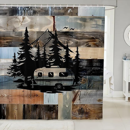Feelyou Camper Bath Curtain Camping Bathroom Shower Curtain Set for Kids Toddler Boys Girls Happy Camping Shower Curtain Camping Car Kids Bathroom Accessories 72"x78"