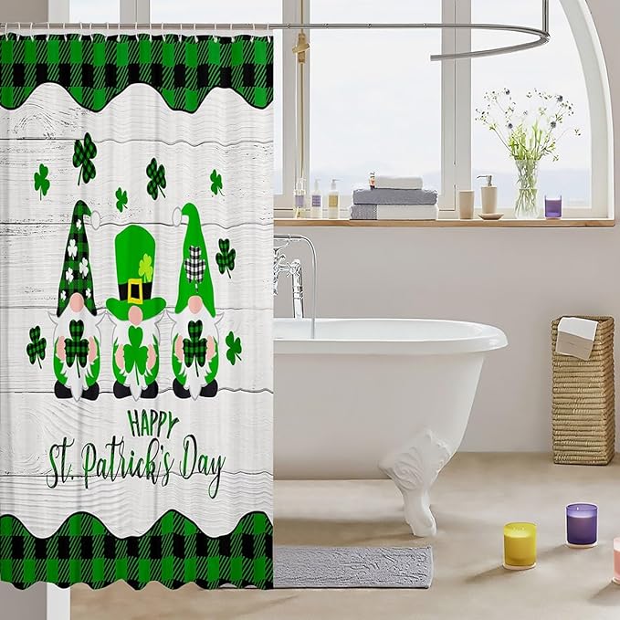 St. Patrick's Day Kids Shower Curtains,Cartoon Gnomes Leaves Irish Holiday Bathroom Curtains for Girls Boys,Geometric Grids Patchwork Green Cute Waterproof Curtains,12 Hooks Suits,72"W x 84"L